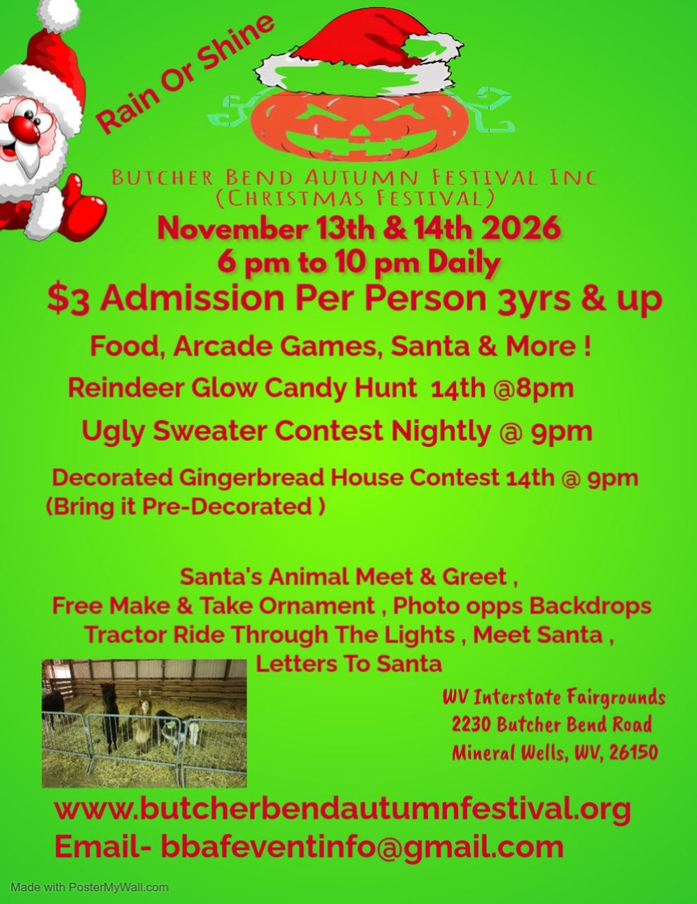 Butcher Bend Christmas Festival flyer — November 13 and 14, 2026, 6 to 10 PM, $3 admission ages 3 and up