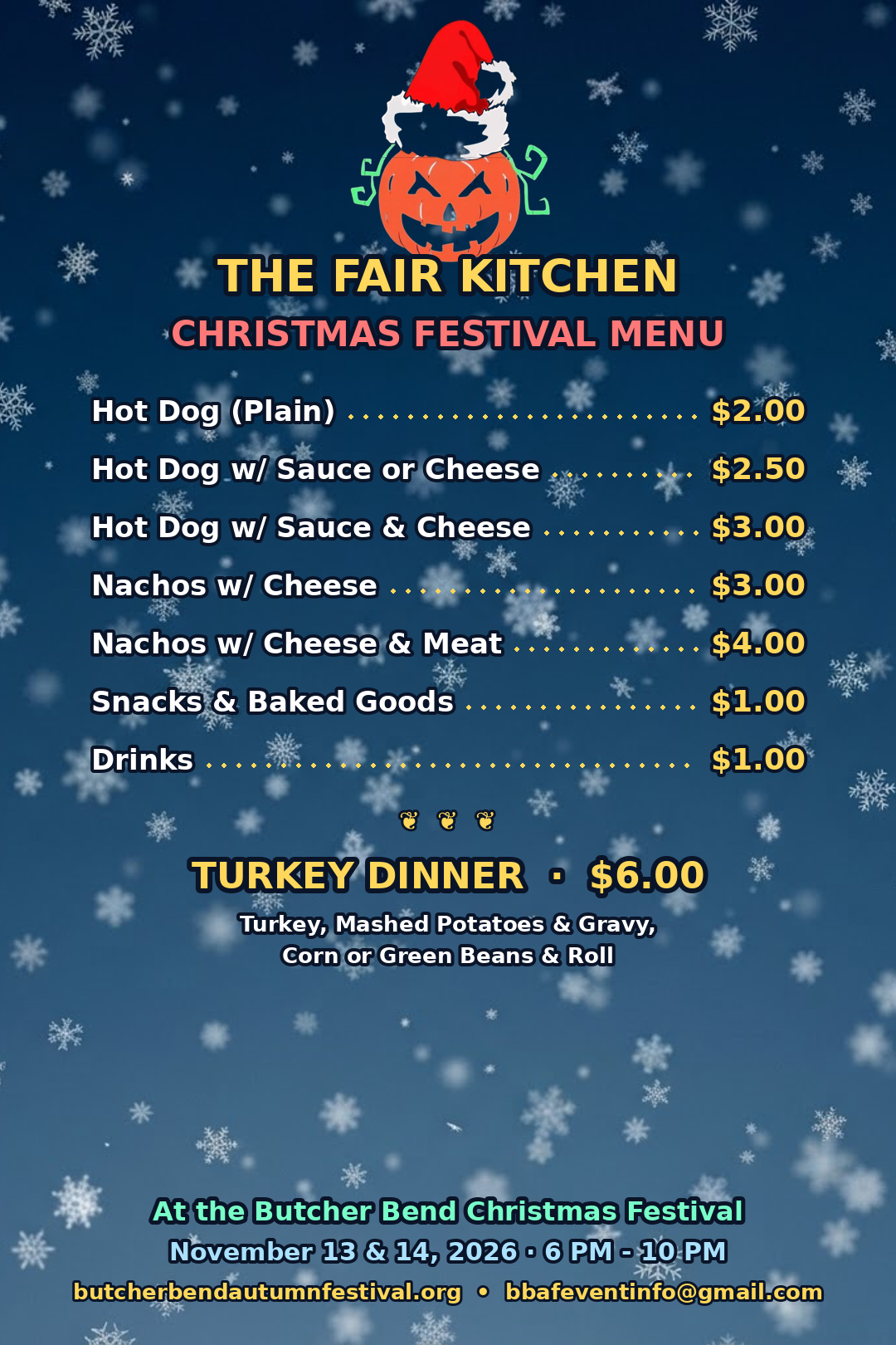 Fair Kitchen Christmas Festival menu flyer with prices, including the $6 Turkey Dinner