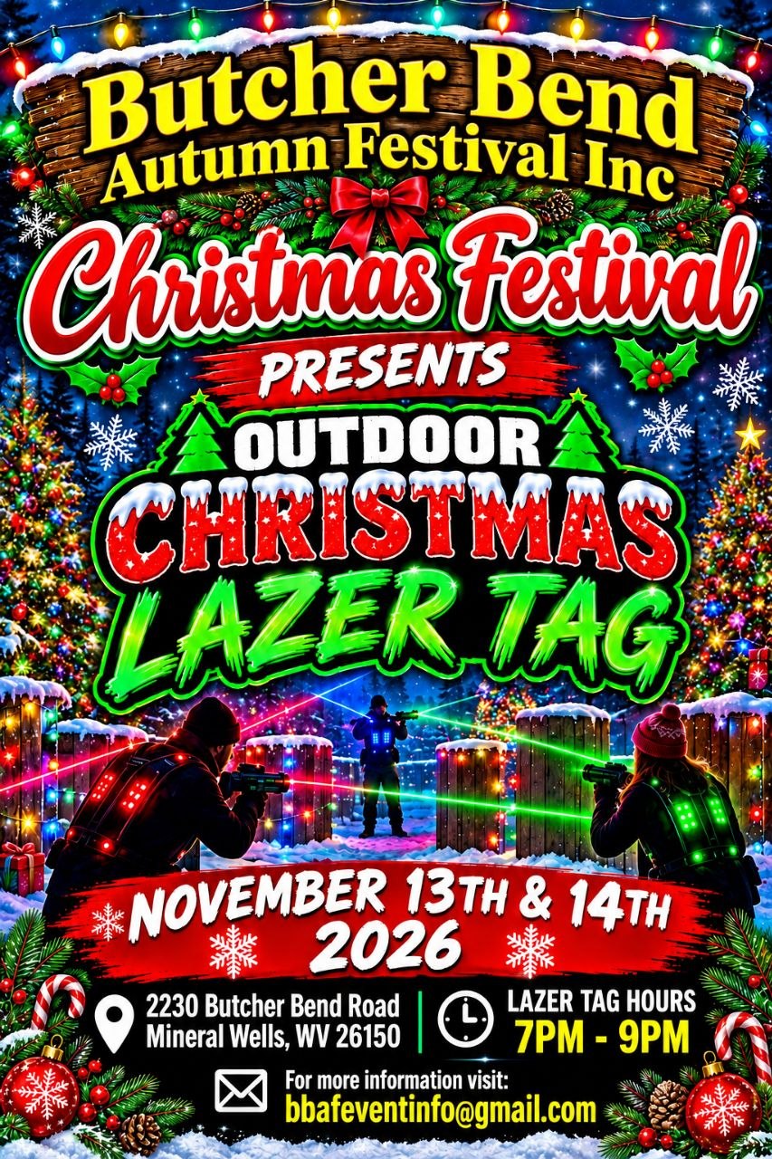 Free Outdoor Christmas Lazer Tag flyer — November 13 and 14, 2026, 7 to 9 PM, rain or shine