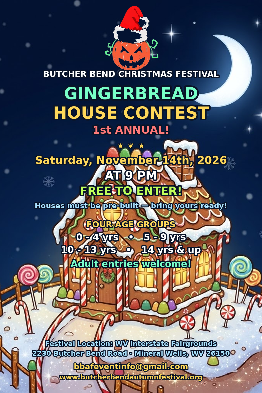 1st Annual Gingerbread House Contest flyer — Saturday November 14, 2026 at 9 PM, free to enter, pre-built houses, four age groups