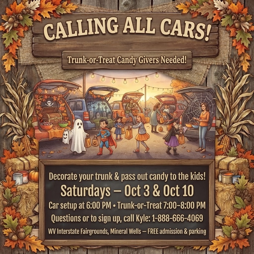 Trunk-or-Treat candy givers needed flyer — decorate your trunk and pass out candy Oct 3 & 10