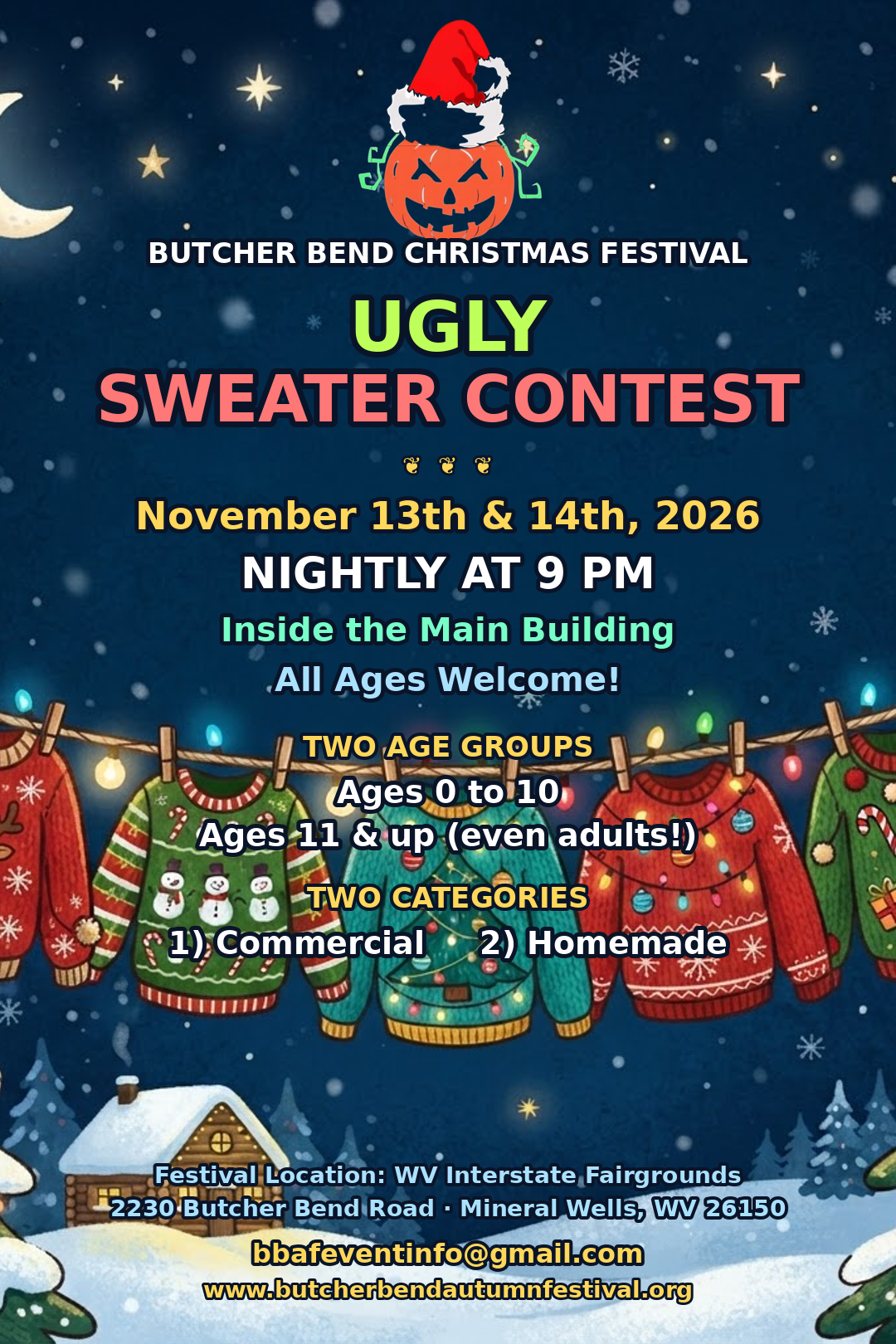 Ugly Sweater Contest flyer — November 13 and 14, 2026, nightly at 9 PM inside the Main Building, all ages